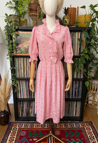 Vintage 1980s Pink Print Ruffle Shirt Dress