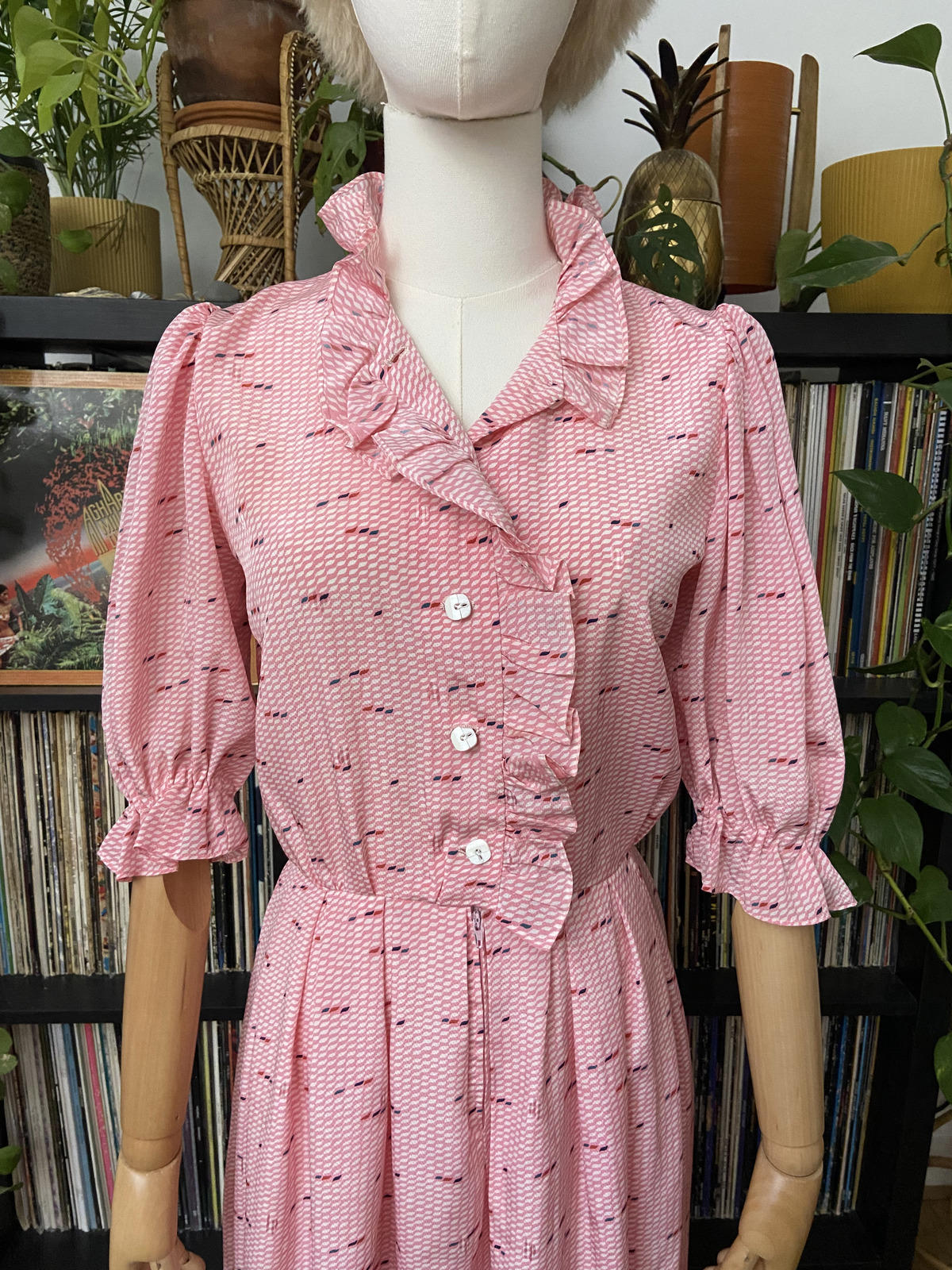 Vintage 1980s Pink Print Ruffle Shirt Dress