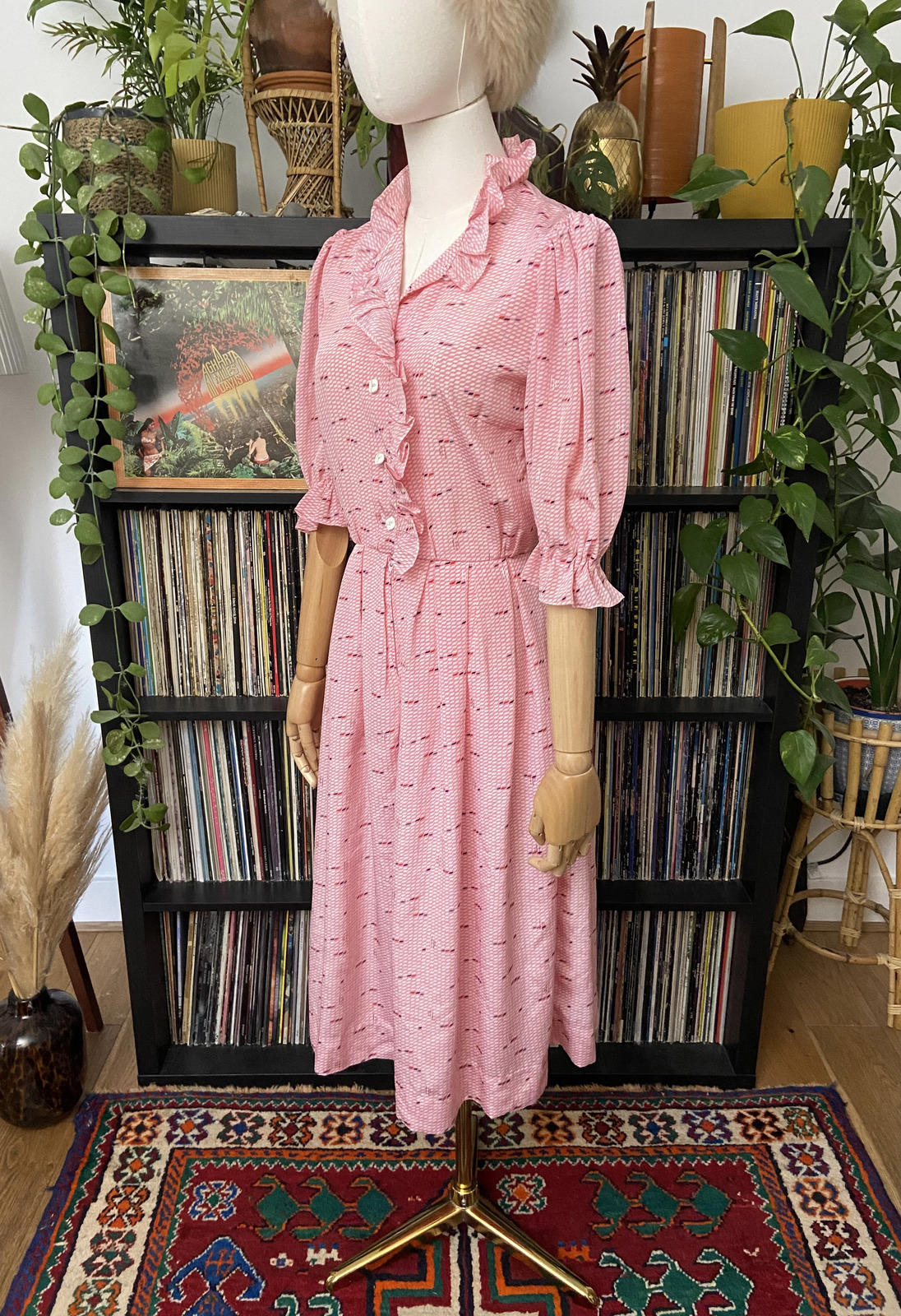 Vintage 1980s Pink Print Ruffle Shirt Dress