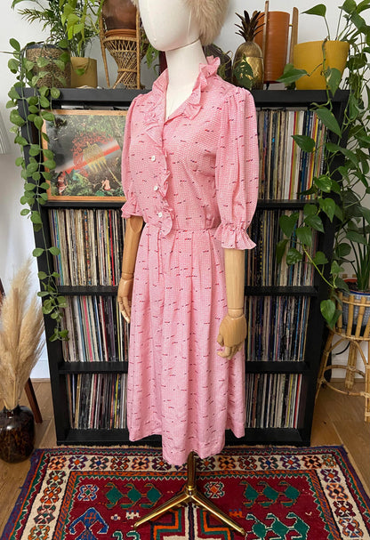 Vintage 1980s Pink Print Ruffle Shirt Dress