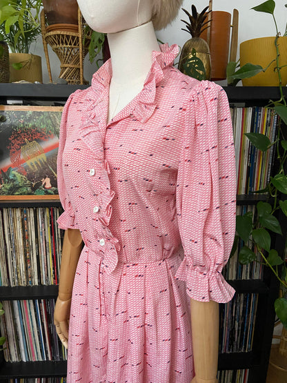 Vintage 1980s Pink Print Ruffle Shirt Dress