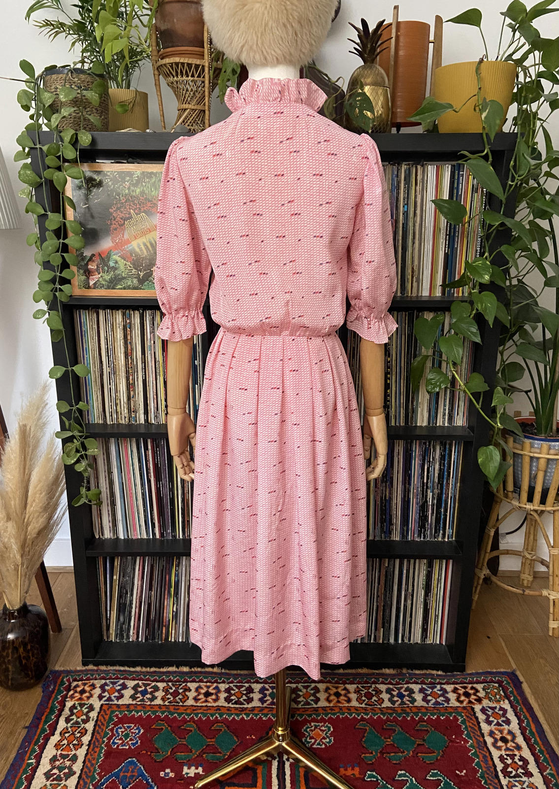 Vintage 1980s Pink Print Ruffle Shirt Dress