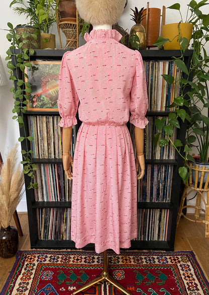 Vintage 1980s Pink Print Ruffle Shirt Dress