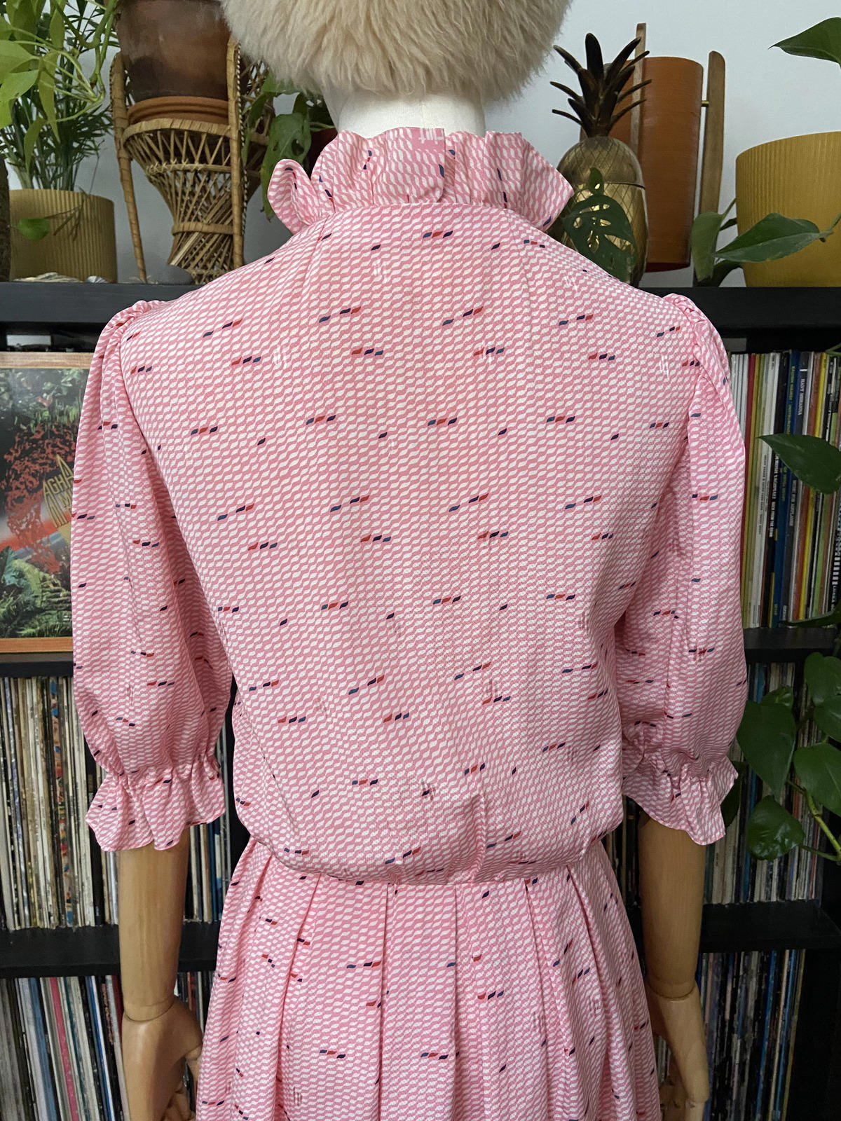 Vintage 1980s Pink Print Ruffle Shirt Dress