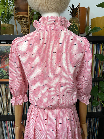Vintage 1980s Pink Print Ruffle Shirt Dress