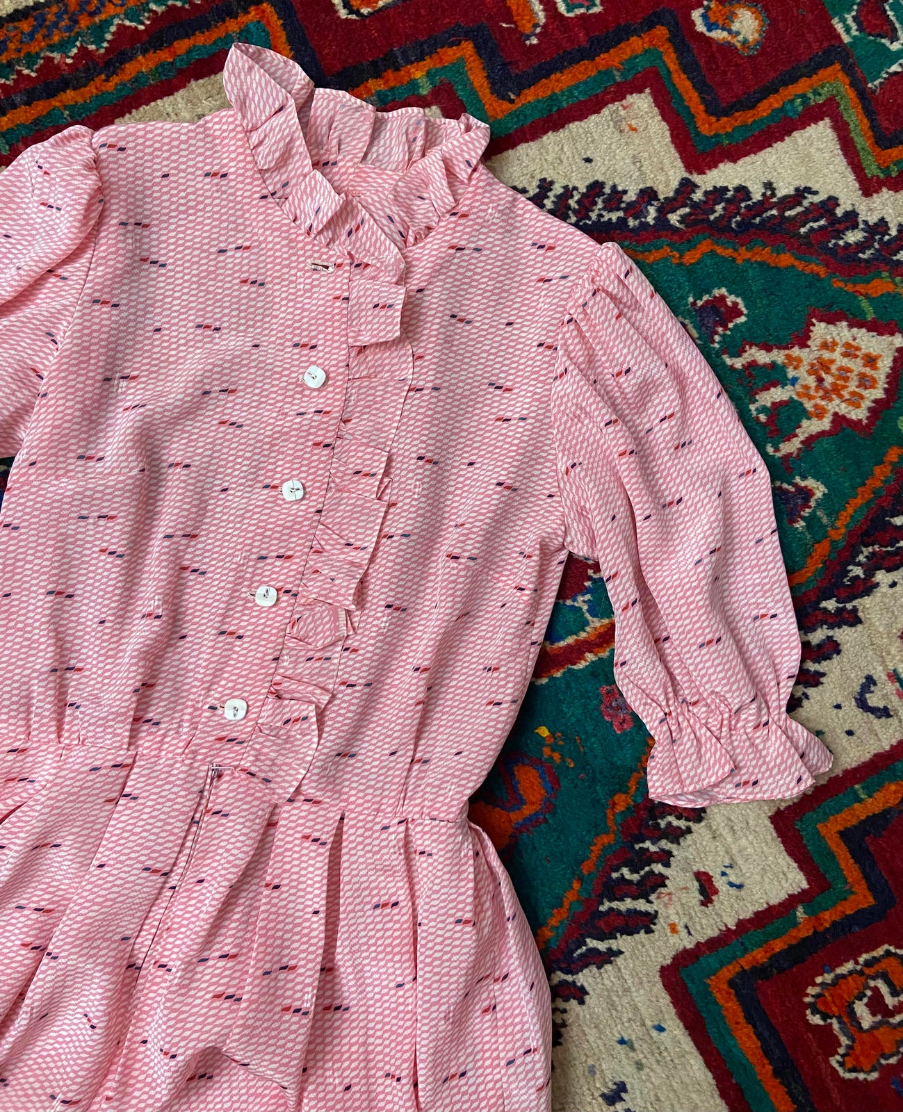 Vintage 1980s Pink Print Ruffle Shirt Dress