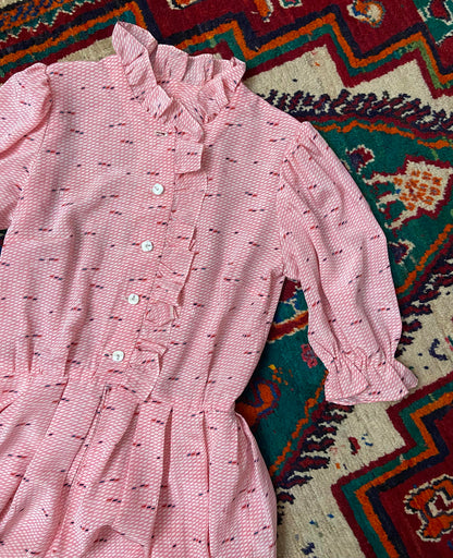 Vintage 1980s Pink Print Ruffle Shirt Dress