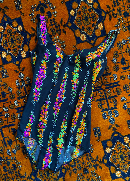 Vintage 1970s Black Print Swimsuit