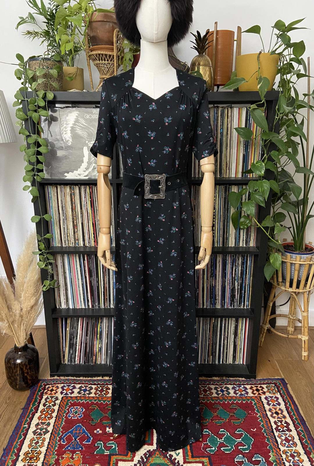Vintage 1970s Black Floral Print Maxi Dress