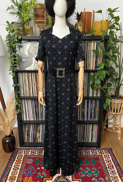 Vintage 1970s Black Floral Print Maxi Dress