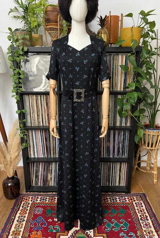 Vintage 1970s Black Floral Print Maxi Dress