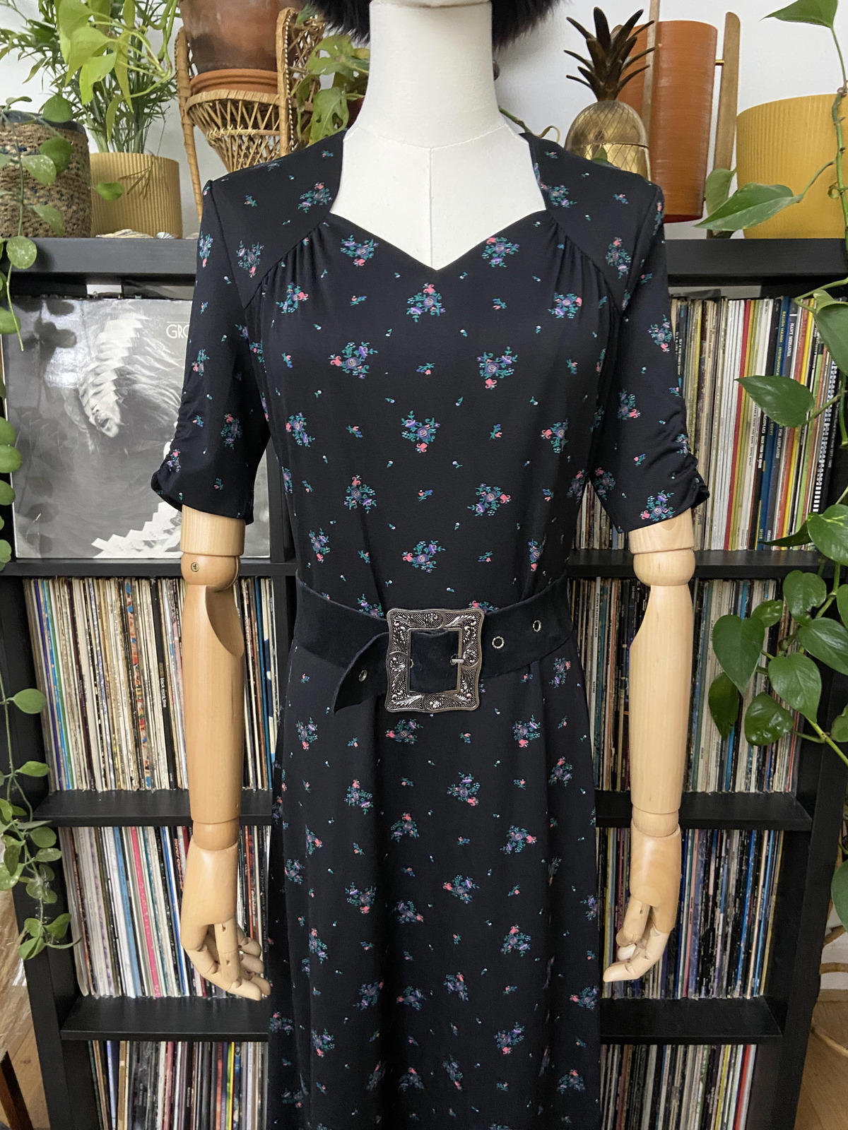 Vintage 1970s Black Floral Print Maxi Dress
