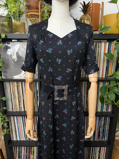 Vintage 1970s Black Floral Print Maxi Dress