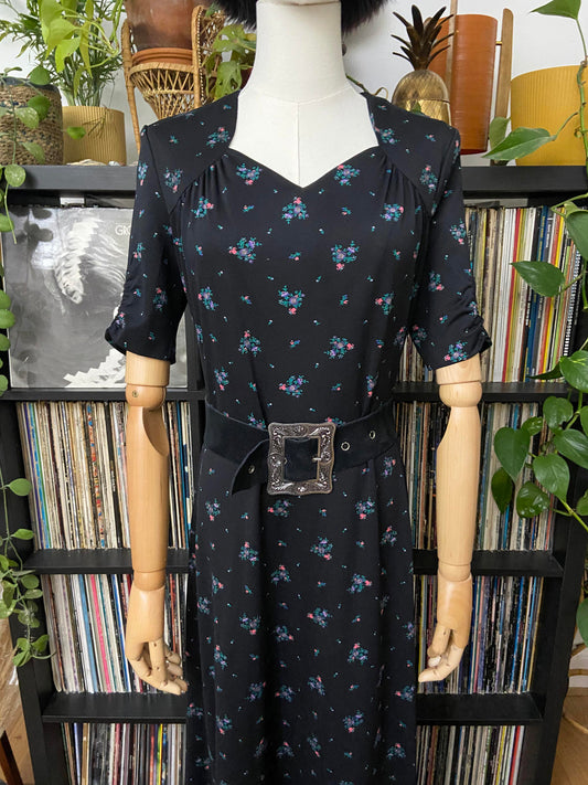Vintage 1970s Black Floral Print Maxi Dress