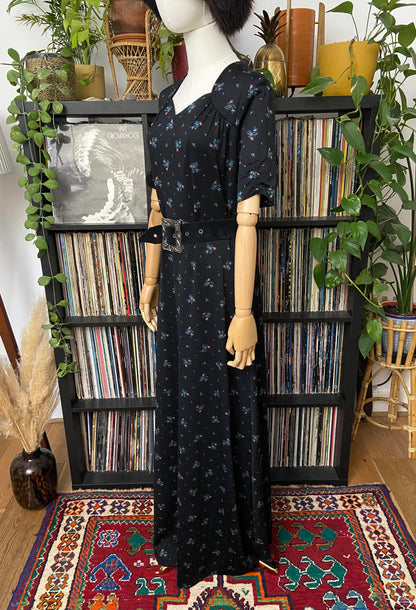 Vintage 1970s Black Floral Print Maxi Dress