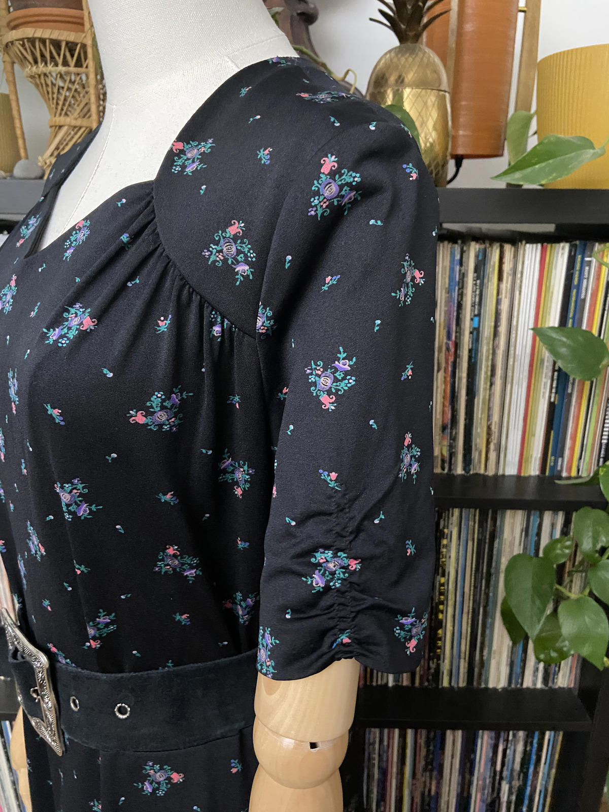 Vintage 1970s Black Floral Print Maxi Dress