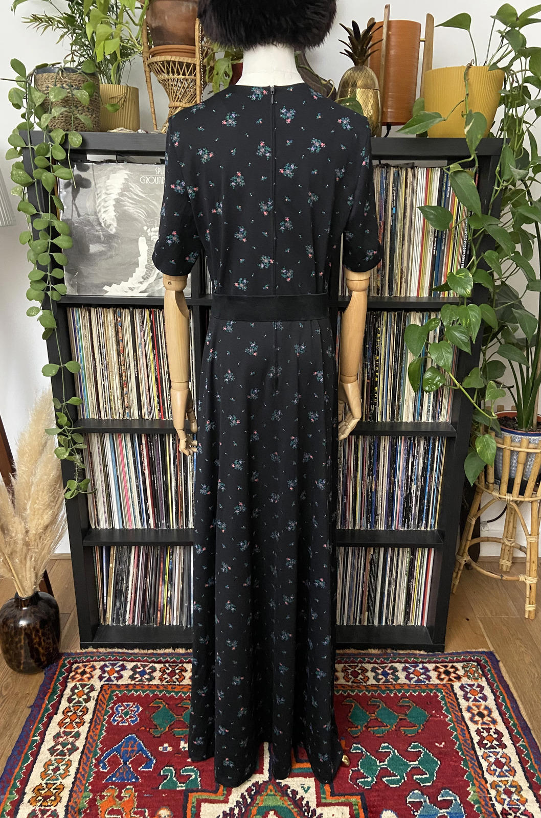Vintage 1970s Black Floral Print Maxi Dress