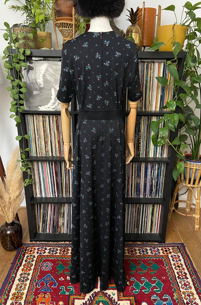 Vintage 1970s Black Floral Print Maxi Dress