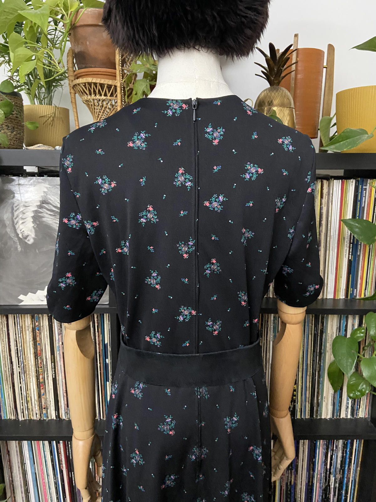Vintage 1970s Black Floral Print Maxi Dress
