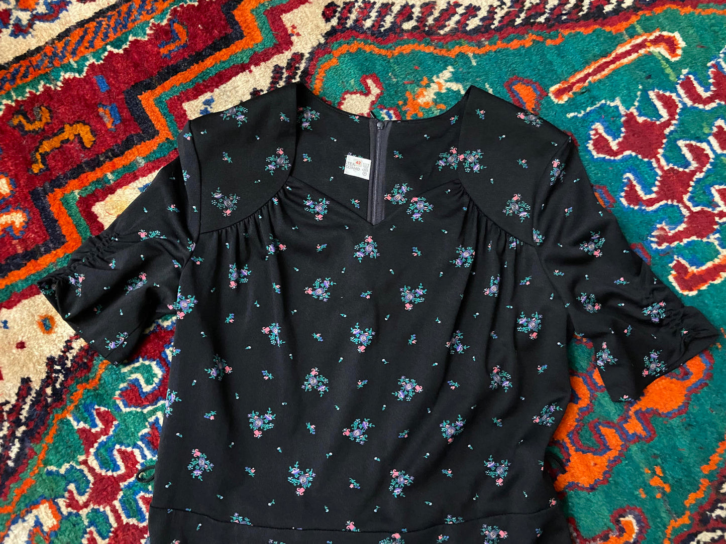 Vintage 1970s Black Floral Print Maxi Dress