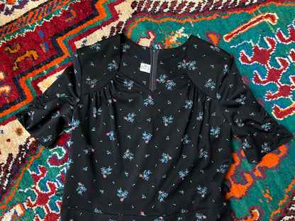 Vintage 1970s Black Floral Print Maxi Dress