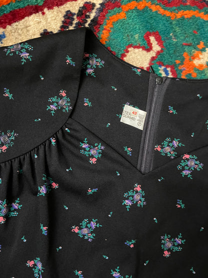 Vintage 1970s Black Floral Print Maxi Dress