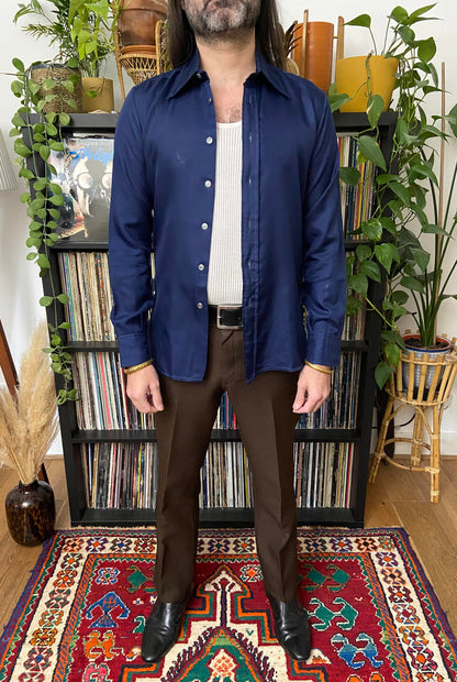Vintage 1970s Silky Navy Dagger Collar Shirt