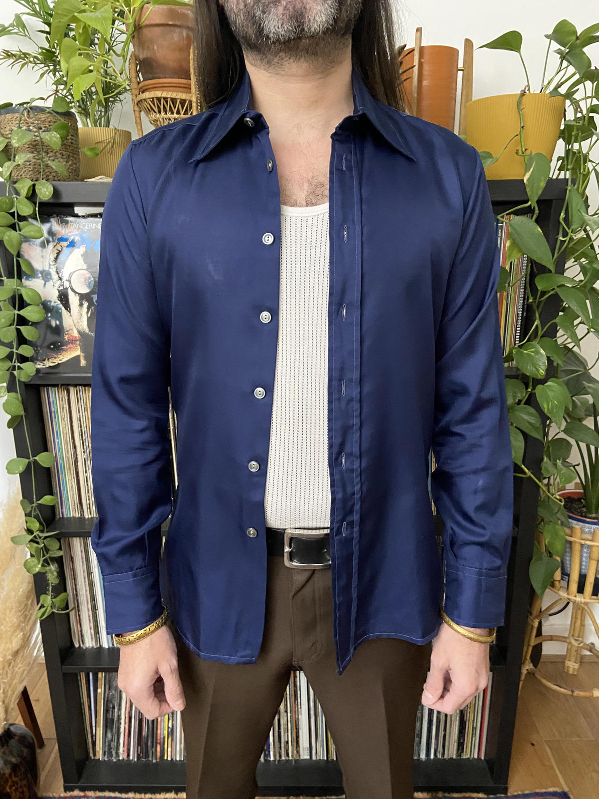 Vintage 1970s Silky Navy Dagger Collar Shirt