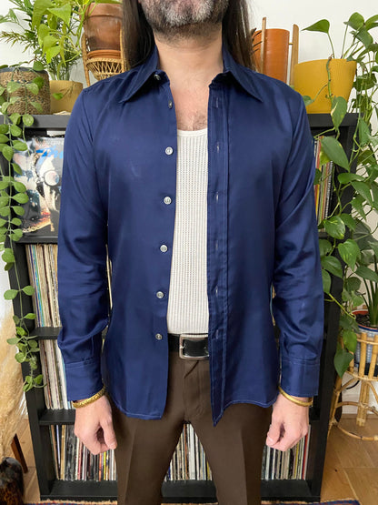 Vintage 1970s Silky Navy Dagger Collar Shirt