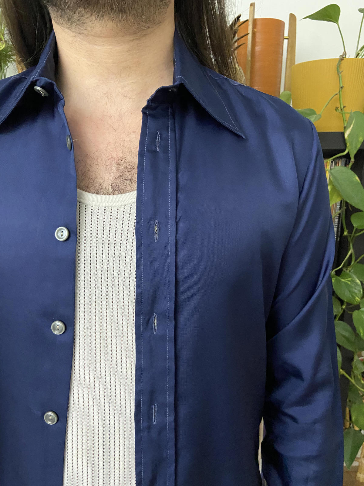 Vintage 1970s Silky Navy Dagger Collar Shirt