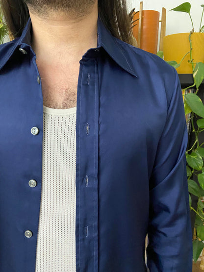 Vintage 1970s Silky Navy Dagger Collar Shirt