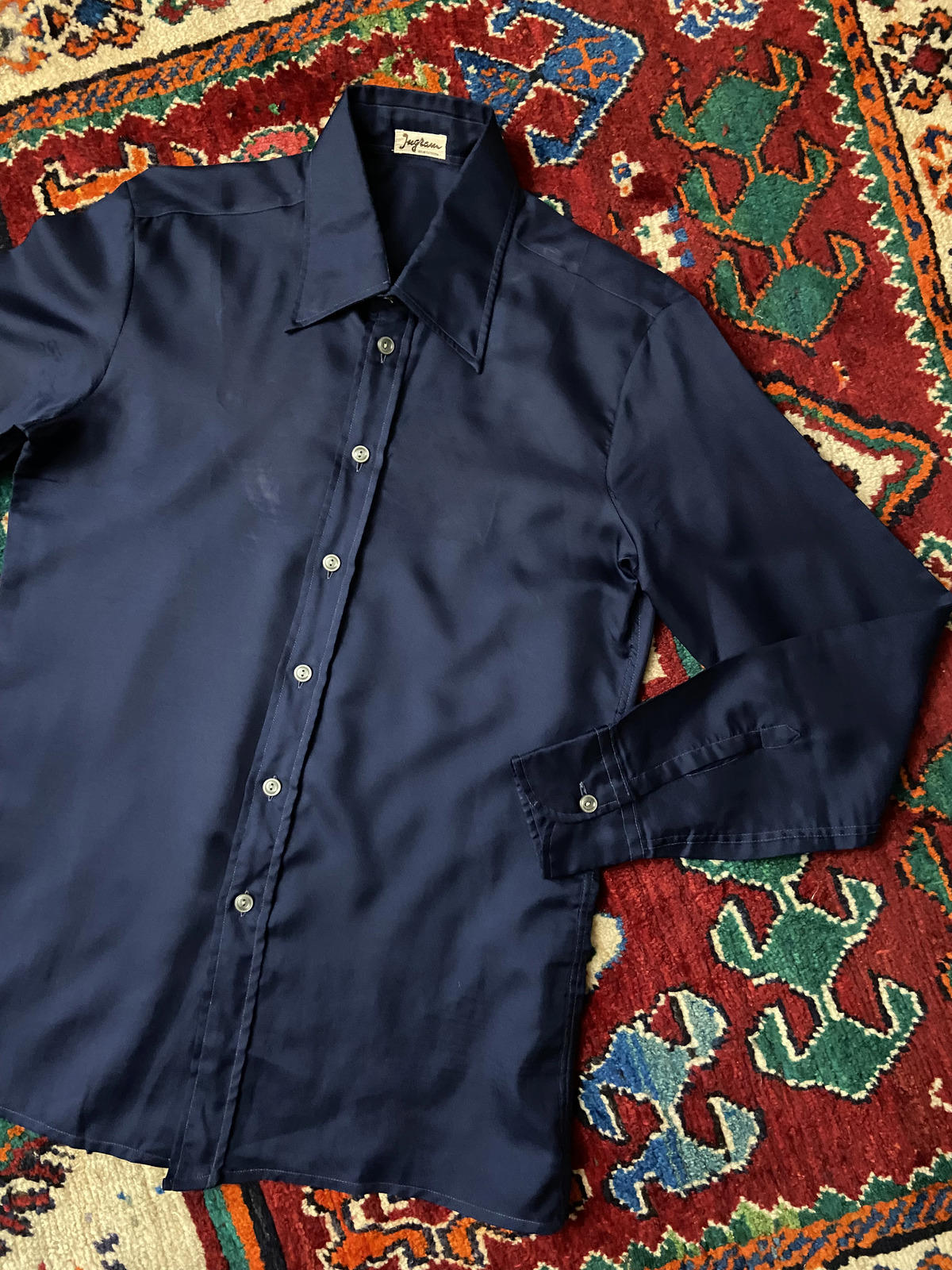 Vintage 1970s Silky Navy Dagger Collar Shirt
