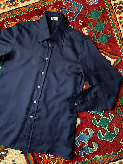 Vintage 1970s Silky Navy Dagger Collar Shirt