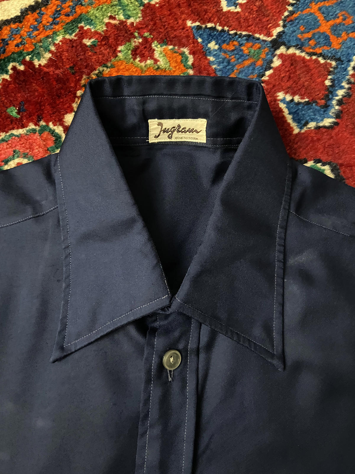 Vintage 1970s Silky Navy Dagger Collar Shirt