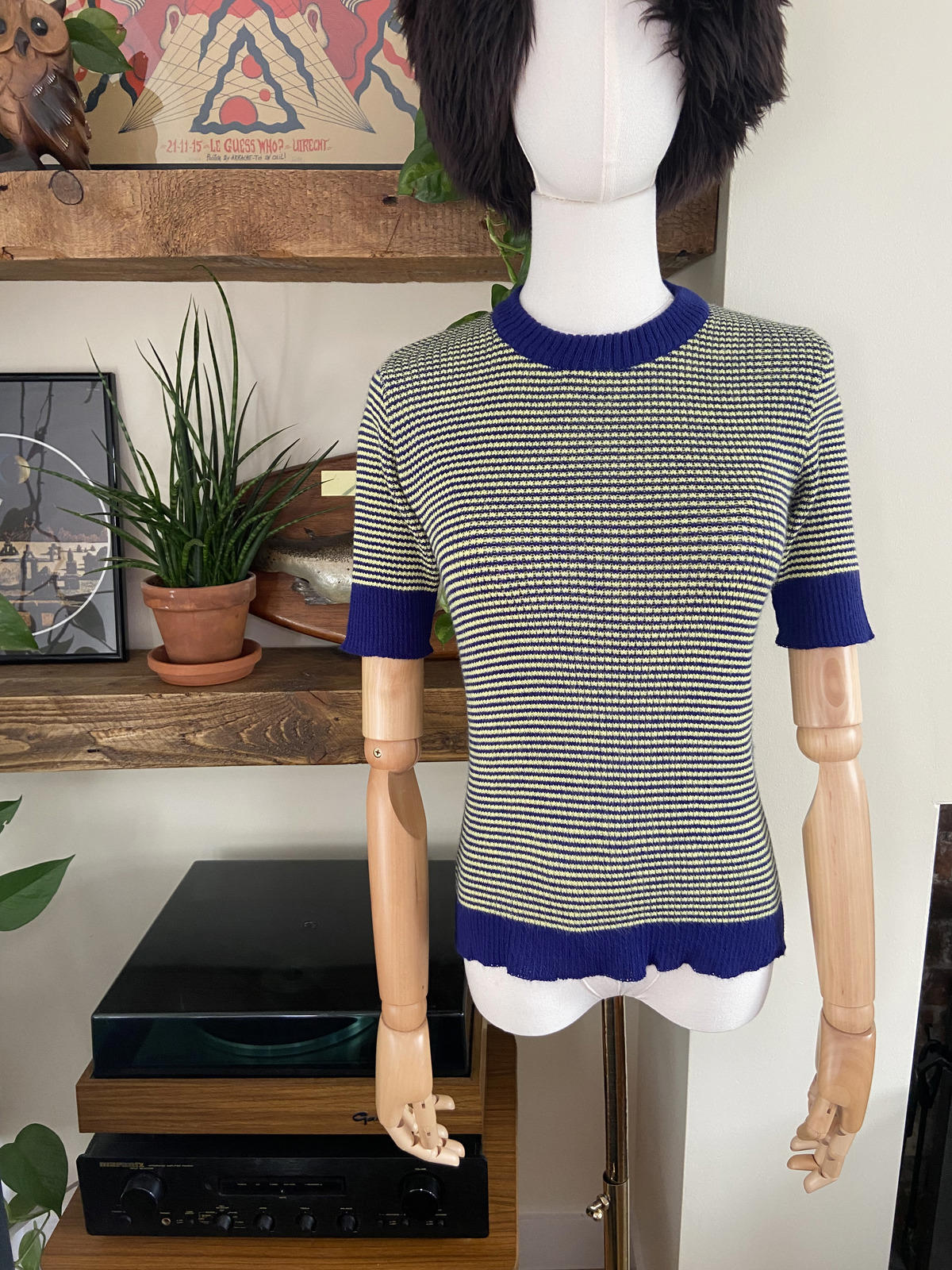 Vintage 1970s Yellow Blue Striped Knit Top