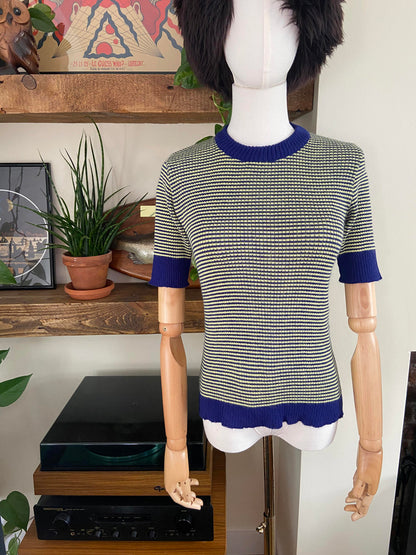 Vintage 1970s Yellow Blue Striped Knit Top