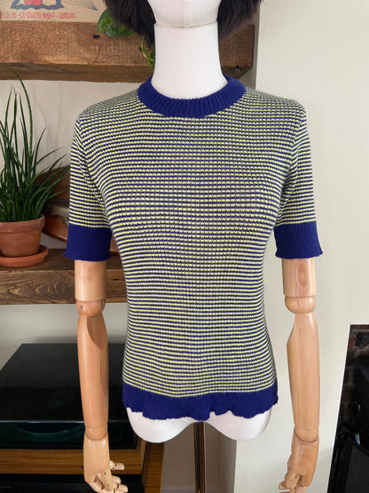 Vintage 1970s Yellow Blue Striped Knit Top