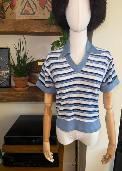 Vintage 1970s Blue Terry Towelling V-Neck Top