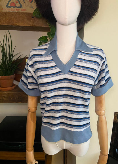 Vintage 1970s Blue Terry Towelling V-Neck Top