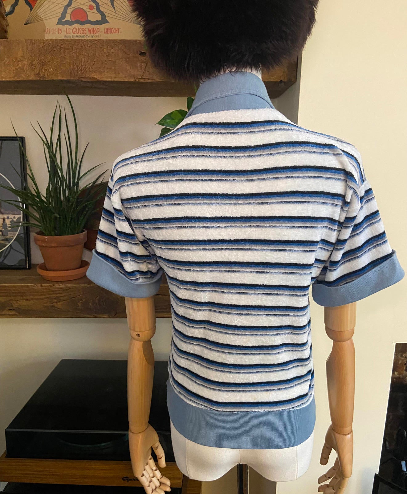 Vintage 1970s Blue Terry Towelling V-Neck Top