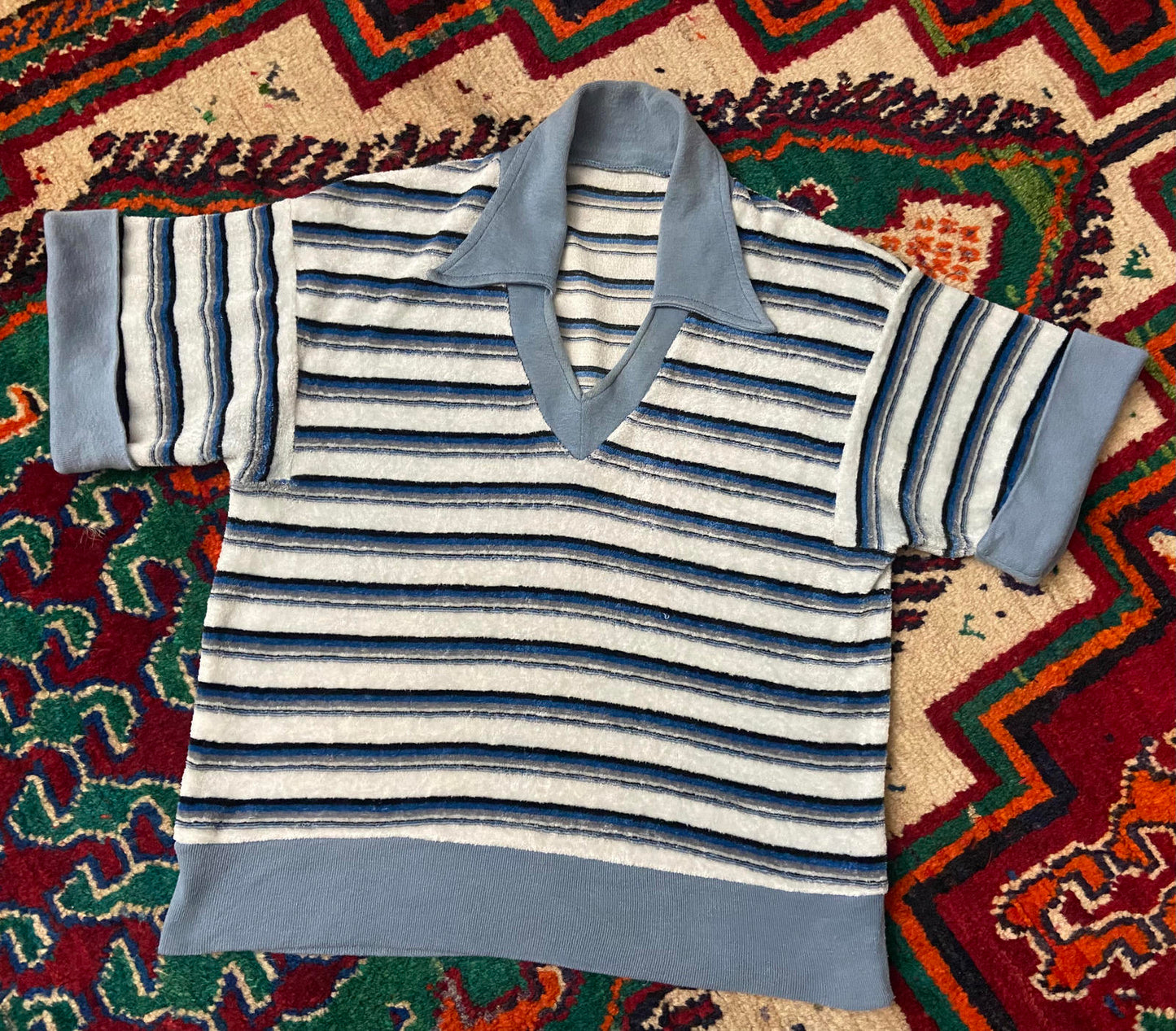 Vintage 1970s Blue Terry Towelling V-Neck Top