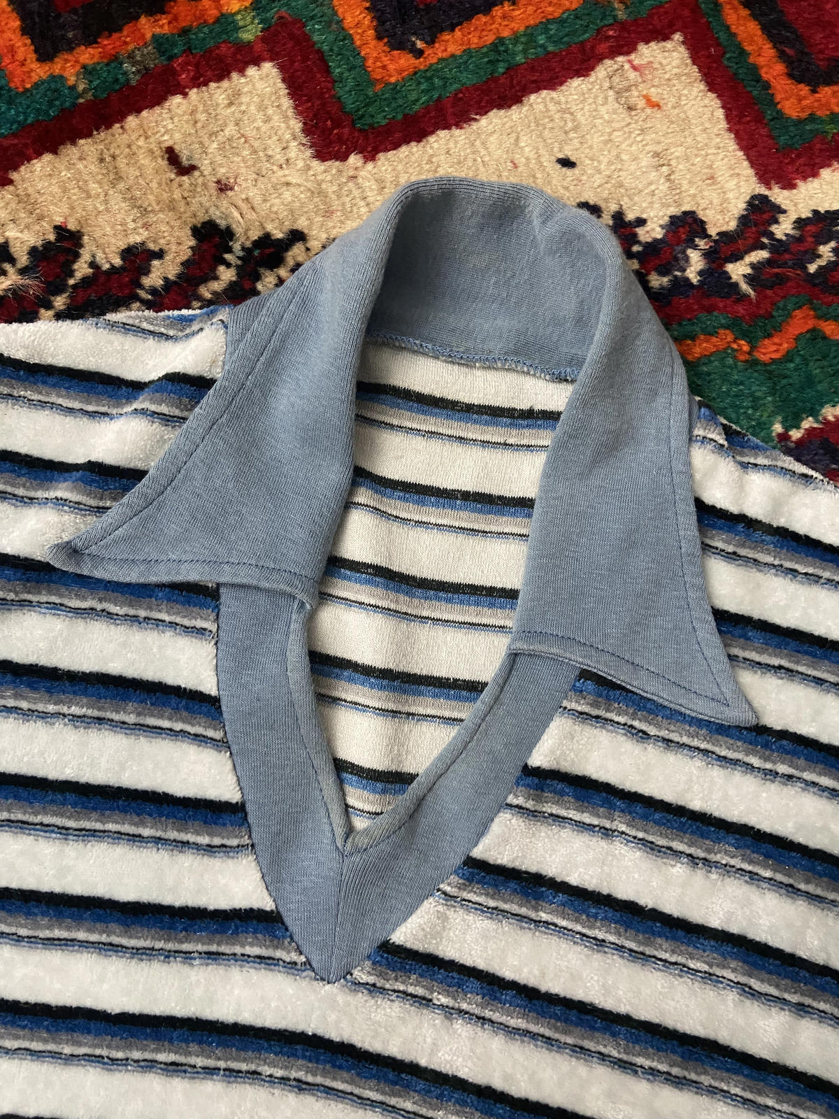 Vintage 1970s Blue Terry Towelling V-Neck Top