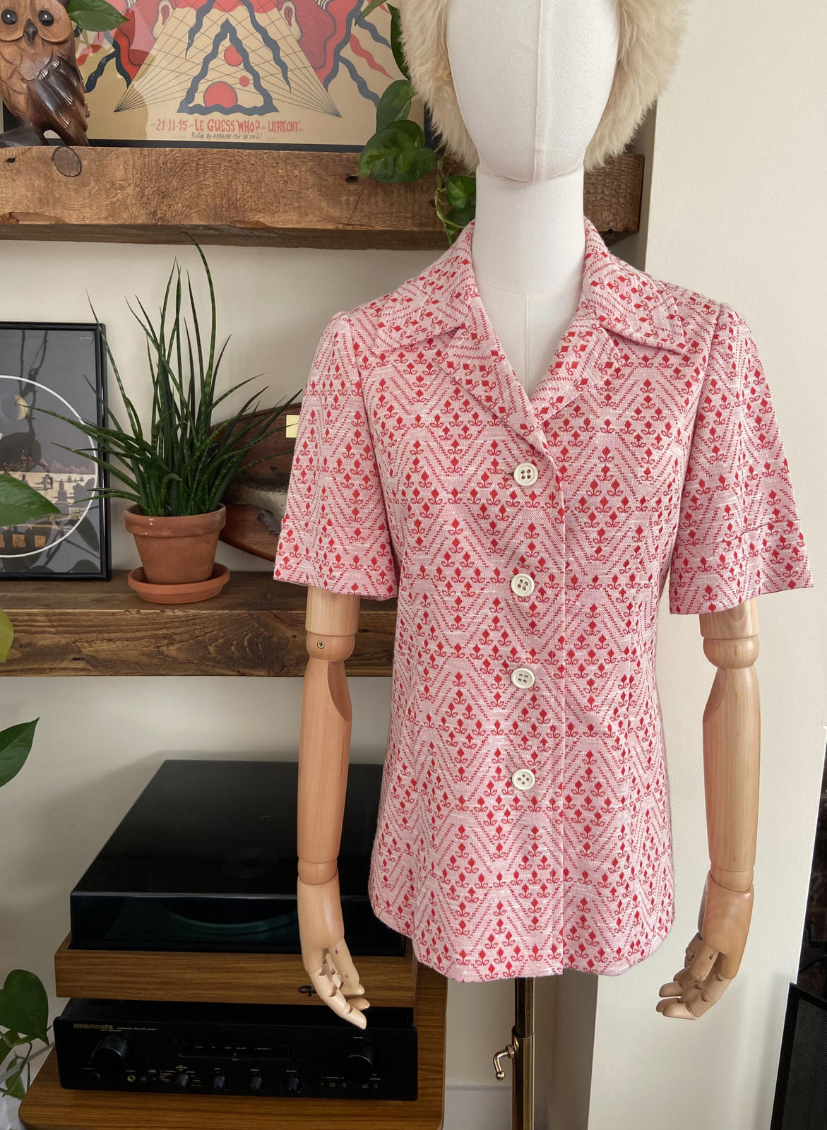 Vintage 1960s Red Geometric Print Blouse