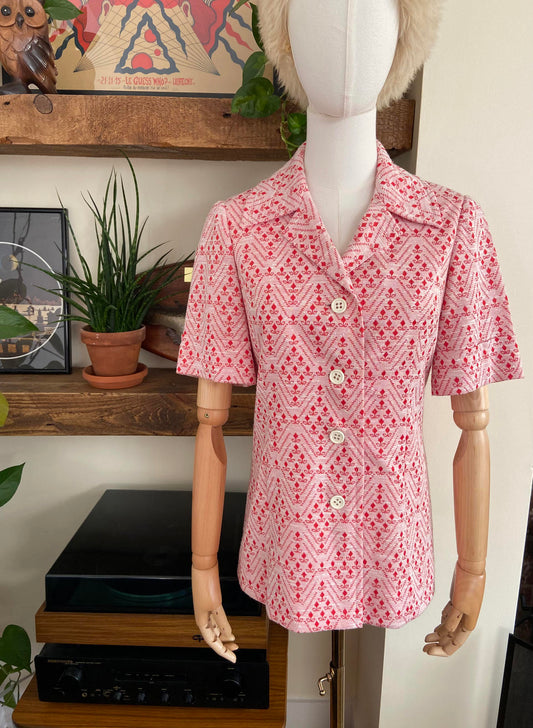 Vintage 1960s Red Geometric Print Blouse