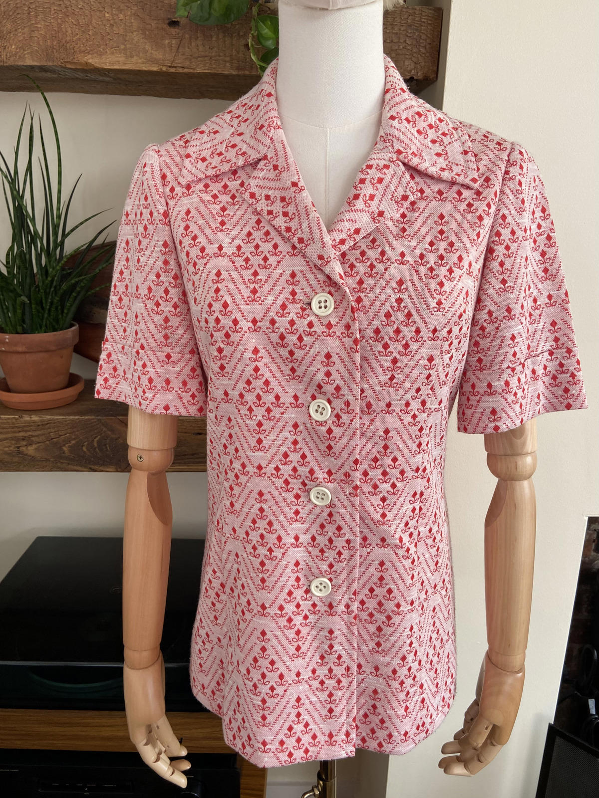 Vintage 1960s Red Geometric Print Blouse