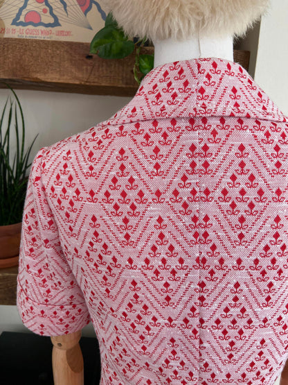 Vintage 1960s Red Geometric Print Blouse