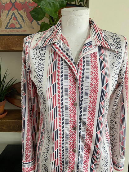 Vintage 1970s Pink Grey Patterned Jersey Shirt