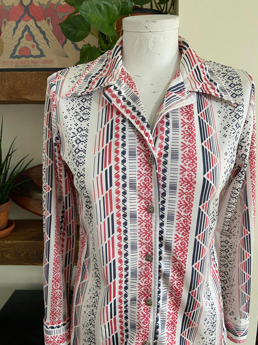 Vintage 1970s Pink Grey Patterned Jersey Shirt