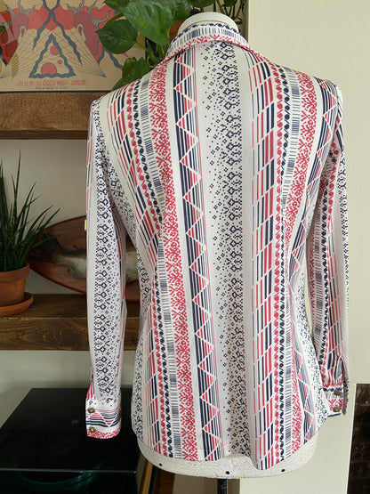 Vintage 1970s Pink Grey Patterned Jersey Shirt