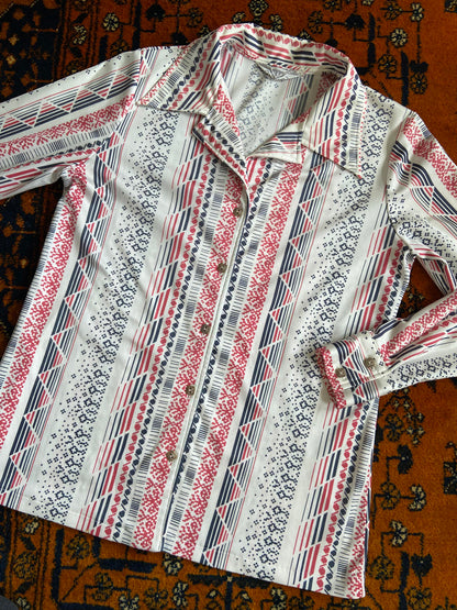 Vintage 1970s Pink Grey Patterned Jersey Shirt
